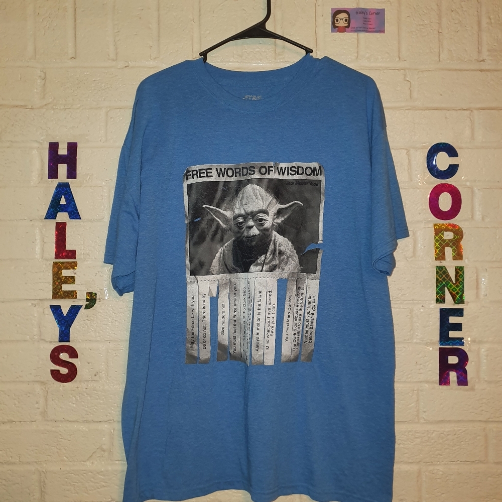 Star Wars Men's Large Blue Yoda Words of Wisdom T Shirt